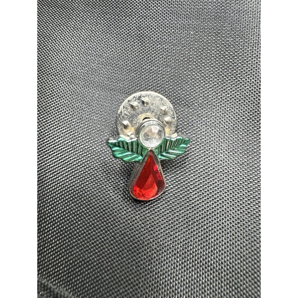 Angel Lapel Pin Red Teardrop‎ Rhinestone Green Enamel Silver Tone Brooch Vintage